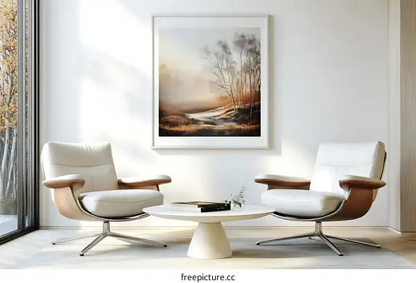 Modern Living Room with Artwork of a Misty Landscape