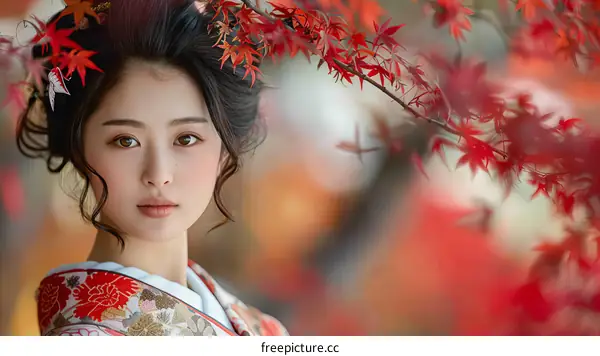 Portrait of a beautiful young woman in a kimono standing in a field of red maple leaves.