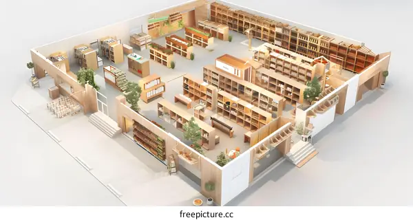 3D Illustration of a Wooden Grocery Store Interior Design