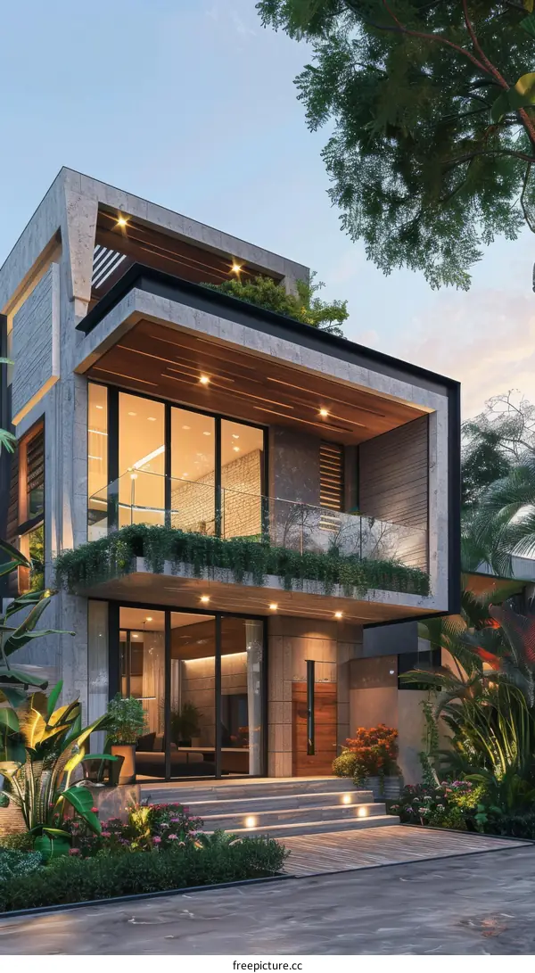 Modern Concrete and Wood Home Exterior at Dusk