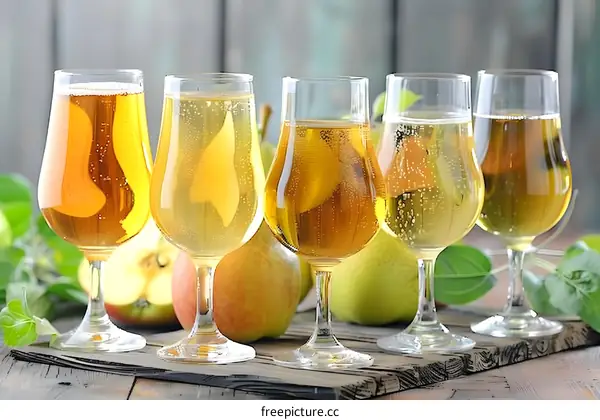 Close up of glasses filled with apple cider and pears