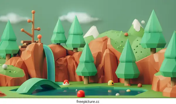 Low Poly 3D Illustration of a Scenic Landscape
