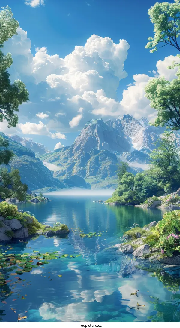 Beautiful Mountain Lake View with Green Trees and Clouds