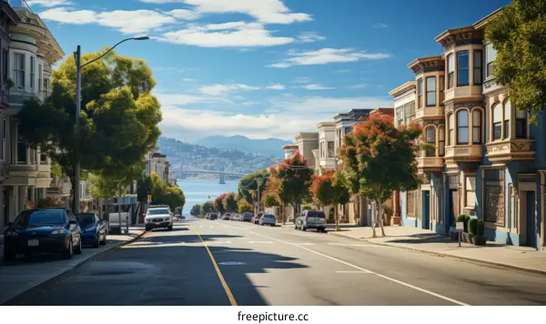 A Wide Tree Lined Street with Colorful Victorian Style Townhomes in San Francisco