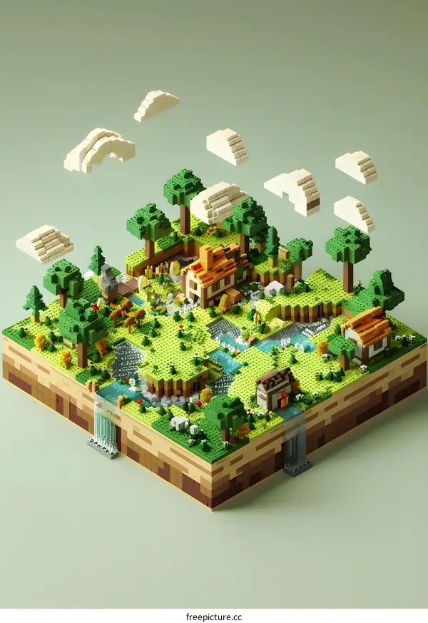 3D Pixel Art Village with a Waterfall and Clouds