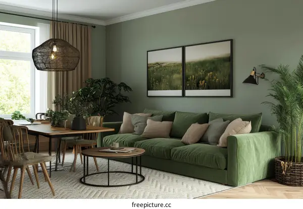 Modern Farmhouse Living Room Design Featuring Green Velvet Sofa