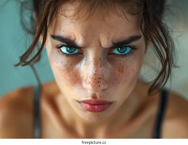 Woman with Intense Blue Eyes and Freckles