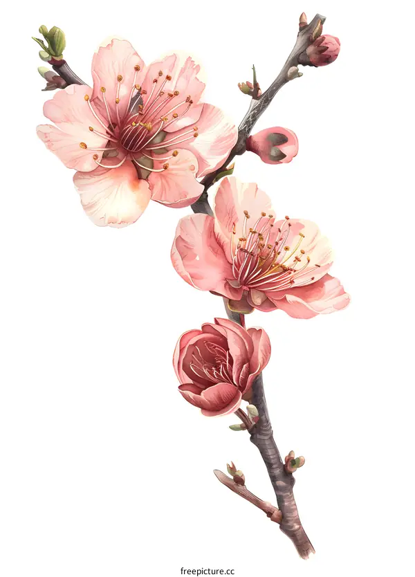 Watercolor Illustration of Pink Flower Branch