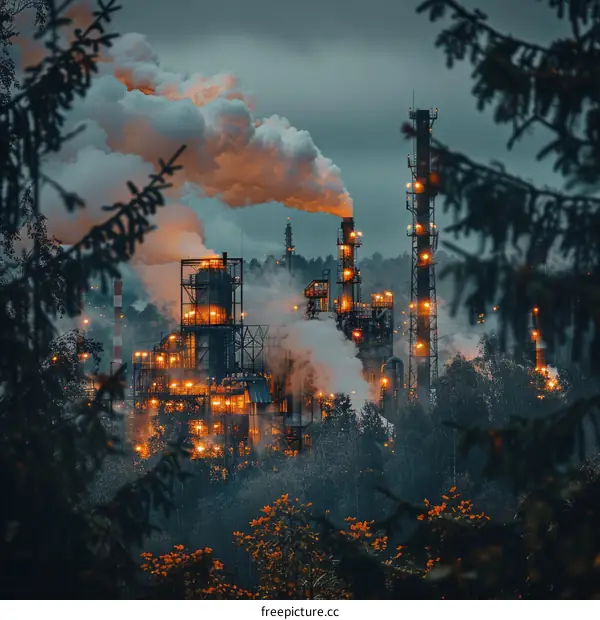 An industrial facility with smoke coming out of the smokestacks at dusk