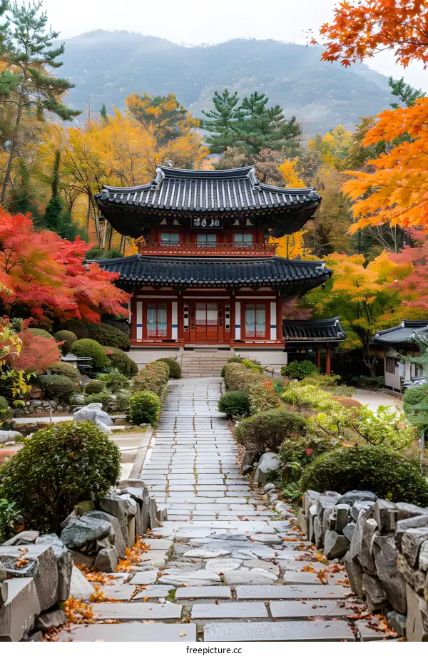 Traditional Korean Buddhist temple during autumn