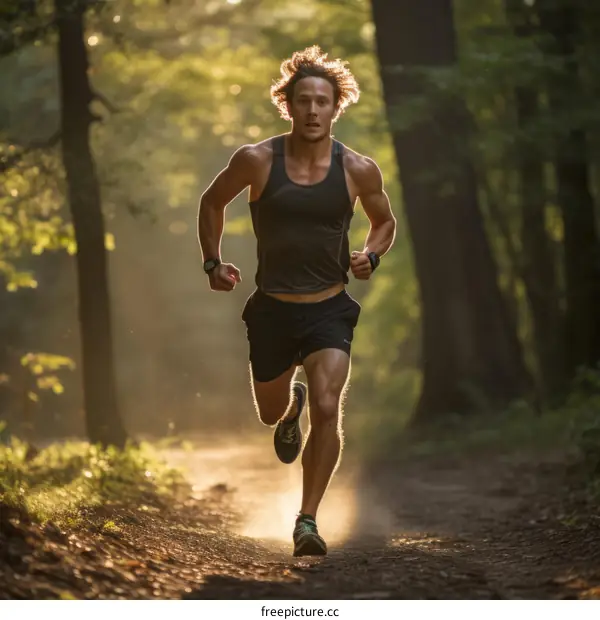 muscular man running in the forest