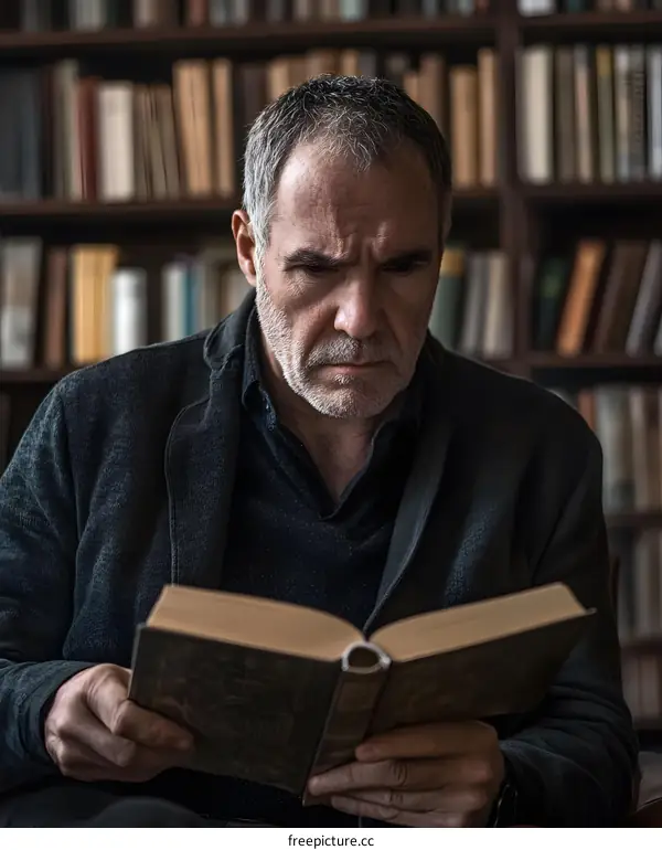 Serious Man Reading a Book in a Library