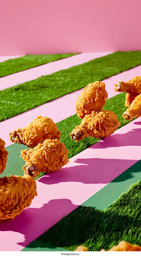 Fried Chicken Legs On Grass and Pink Background