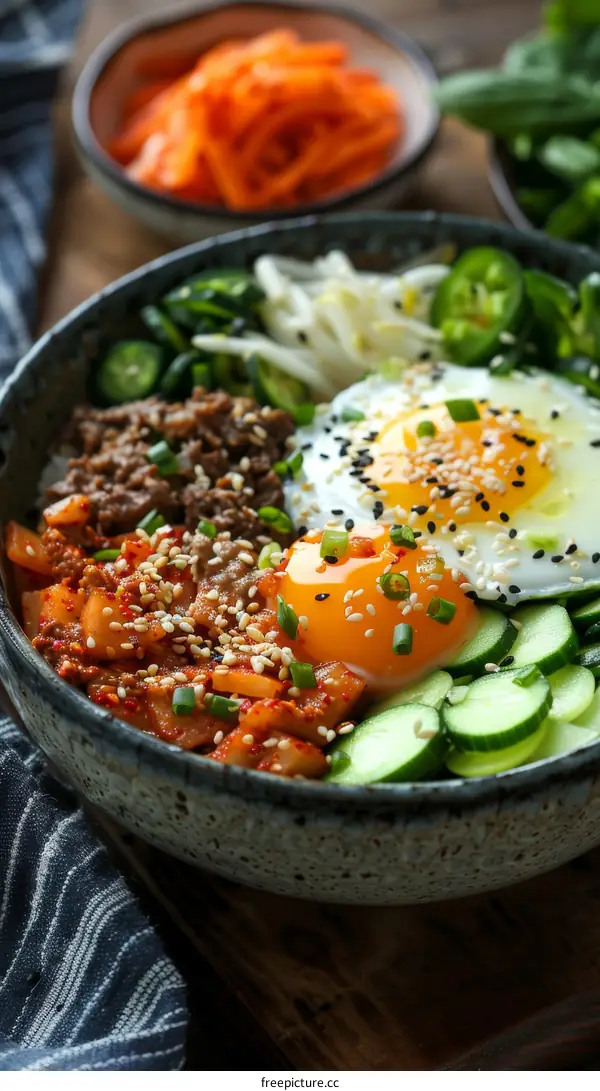 Korean Bibimbap with Kimchi and Egg