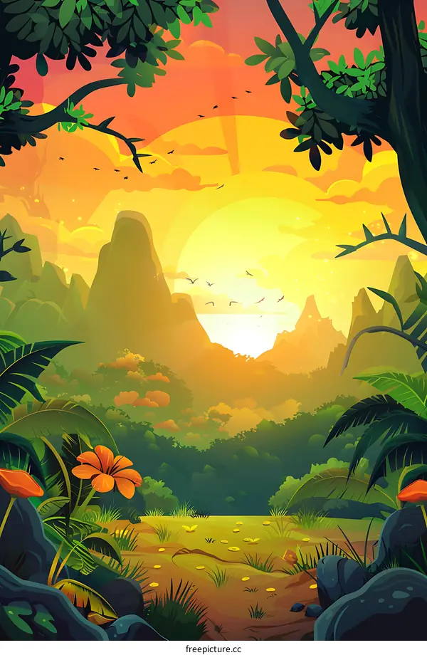 Sunset Over Tropical Rainforest Landscape