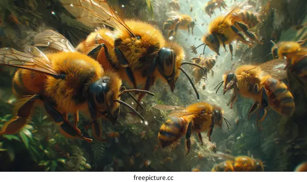 A swarm of bees in a lush green forest