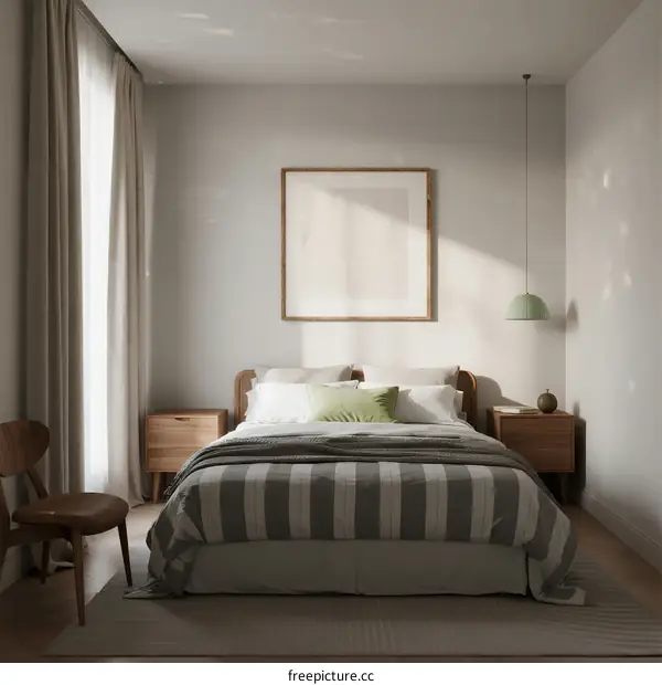 Modern Minimalist Bedroom with Natural Light and Striped Bedding