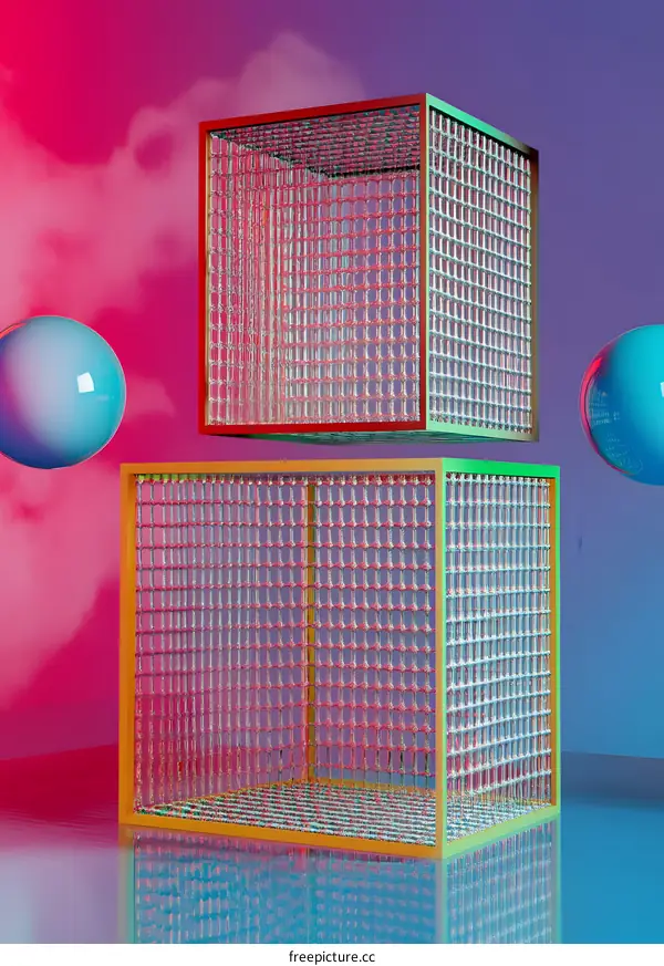 Abstract 3D Cubes with Neon Lights and Sphere