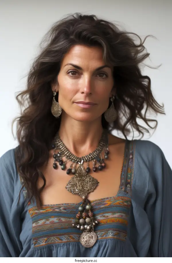Portrait of a beautiful woman with long brown hair wearing a blue dress and a necklace
