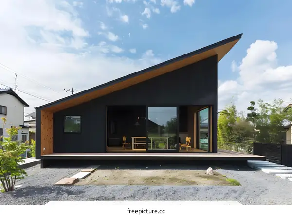 Modern Black House with Wooden Accents and Large Glass Windows