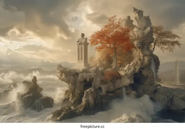 Statue of a Man Overlooking a Turbulent Sea