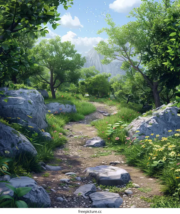 Fantasy Forest Path With Large Rocks And Flowers