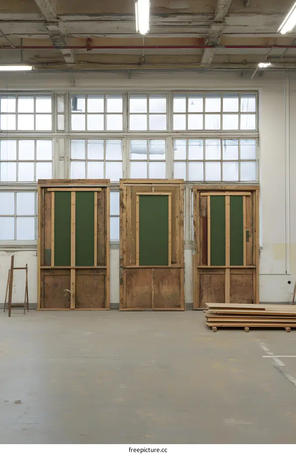 Industrial Interior with Three Large Wooden Doors
