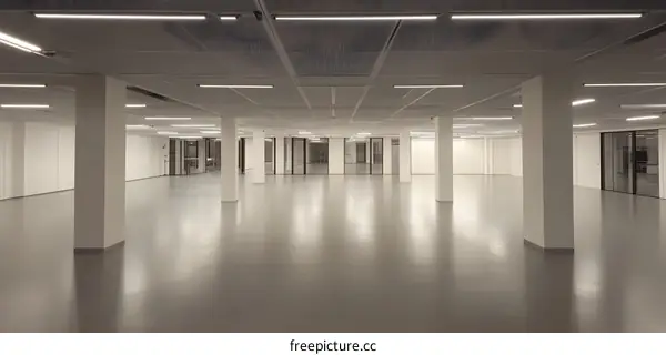 Empty Modern Office Space with White Walls and Fluorescent Lights
