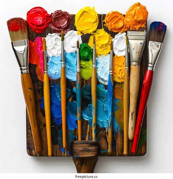 colorful oil paint on wooden palette with paintbrushes
