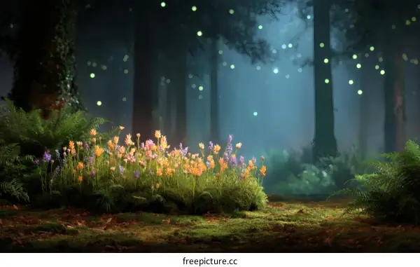 Enchanted Forest Night Scene with Flowers