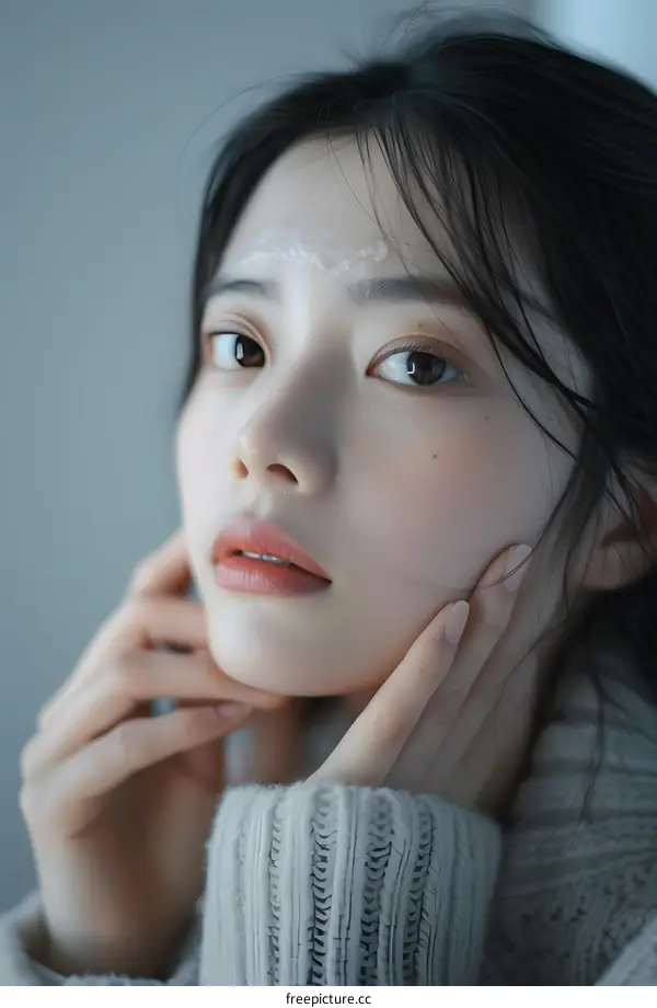 Closeup Portrait of a Young Woman with White Cream on Her Forehead