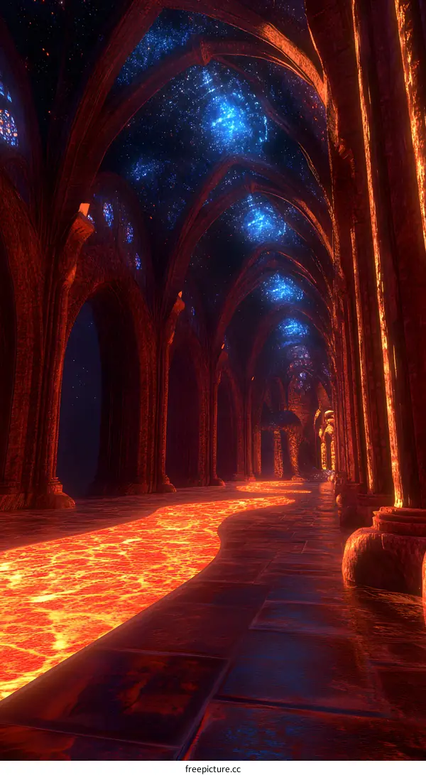 Lava River Pathway In A Starry Gothic Hallway