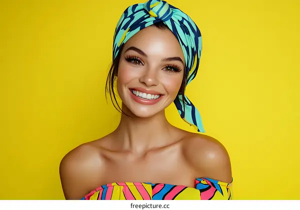 Smiling Woman with Colorful Headscarf on Yellow Background