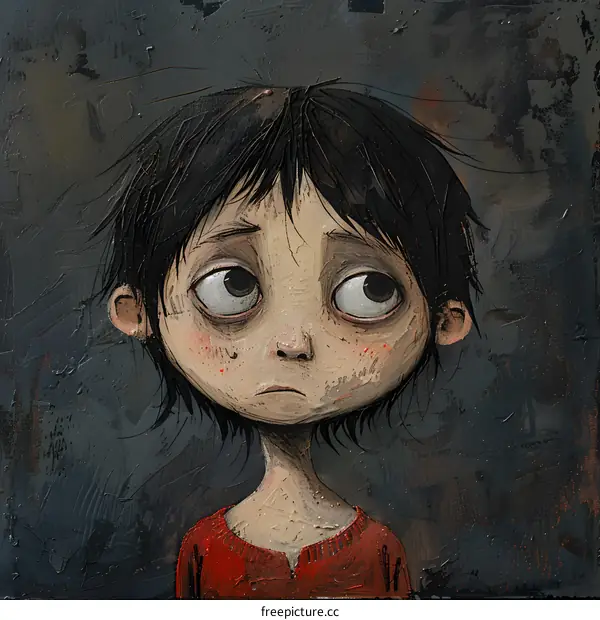 sad child with dark hair and red shirt