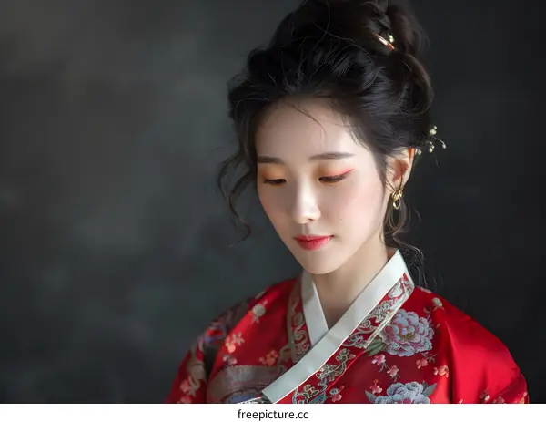 Portrait of a young woman in traditional Korean dress, or Hanbok