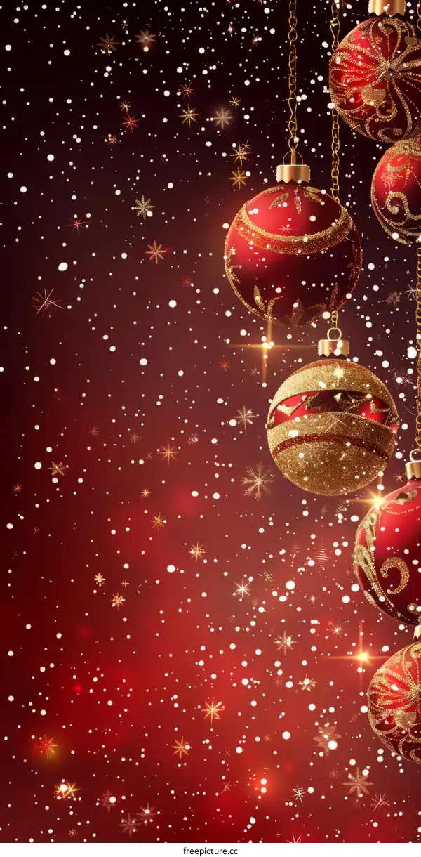 Red and gold Christmas ornaments hanging from chains with a red background