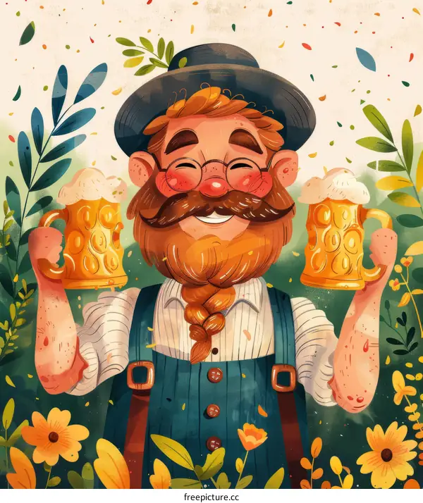 A man with a long beard and wearing a hat is holding two mugs of beer.