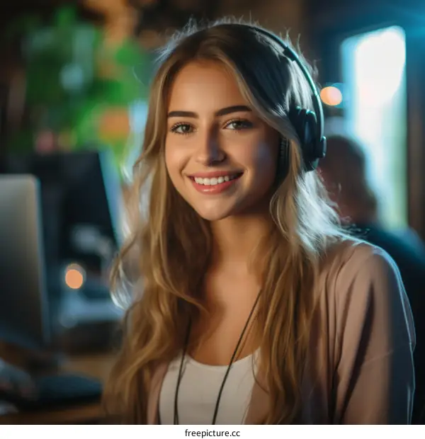 portrait of a beautiful young woman wearing headphones and smiling at the camera