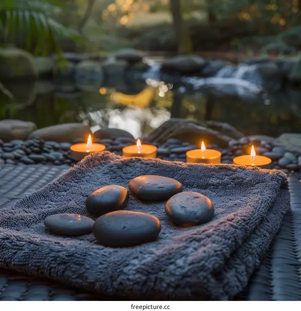Black smooth round stones for massage therapy with burning candles in the background