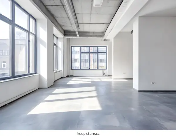 Empty Modern Office Space With Concrete Ceiling and Large Windows