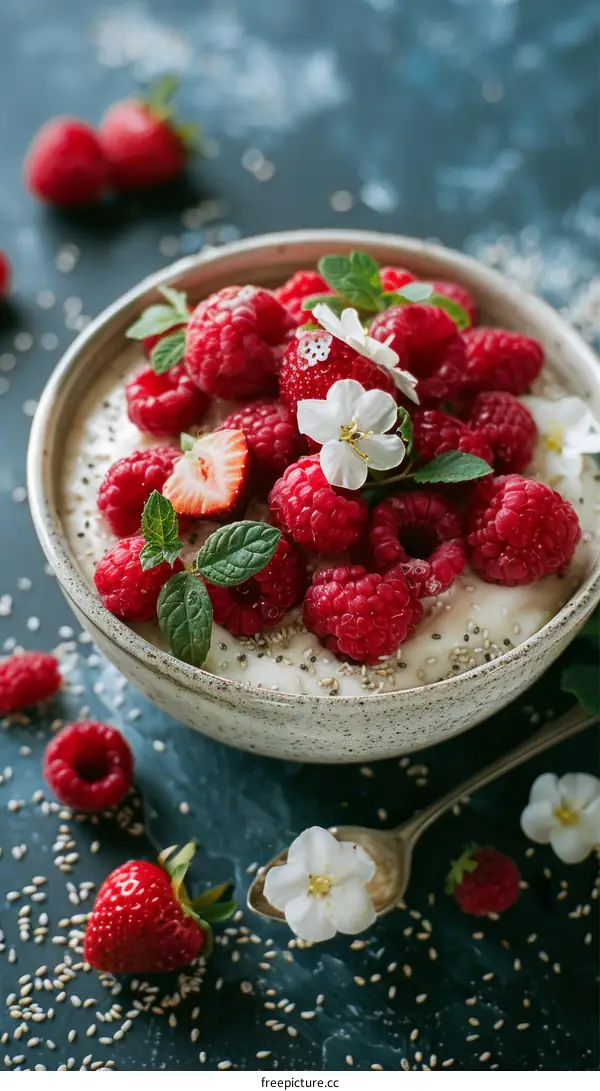 Chia seed pudding with raspberries, strawberries and mint