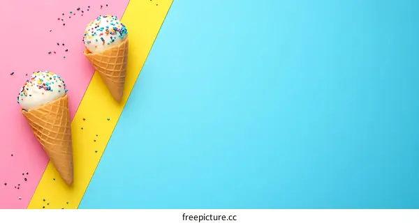 Two Ice Cream Cones With Sprinkles On A Colorful Background