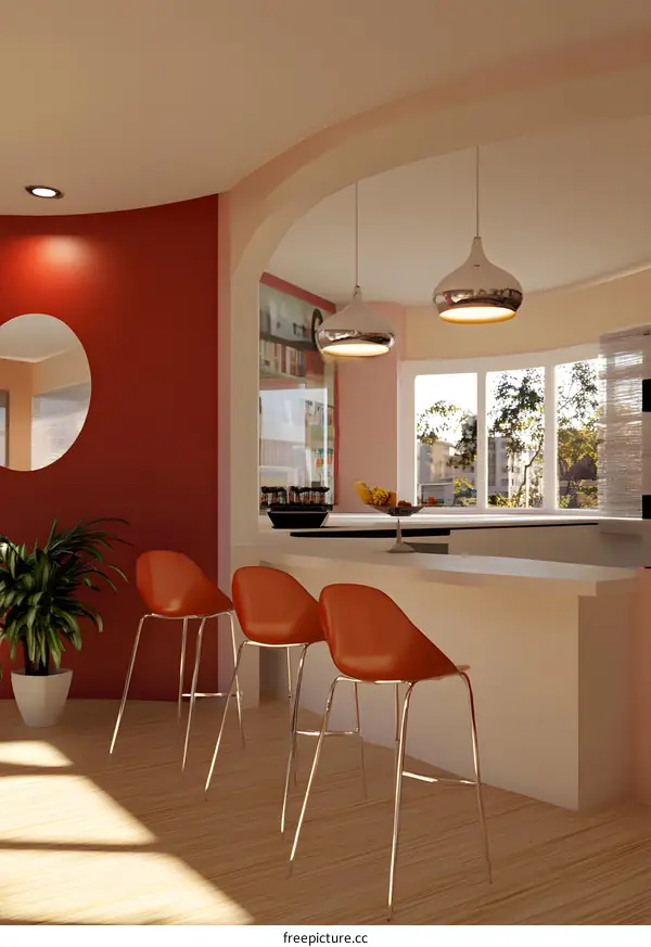 Modern Kitchen Interior Design with Red Wall and Bar Stools