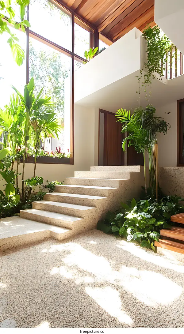 Modern House With Stone Stairs And Large Windows