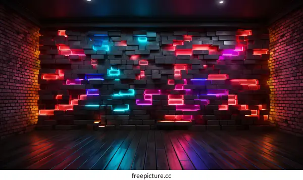 Glowing Bricks in a Dark Room with Brick Walls and Wooden Floor