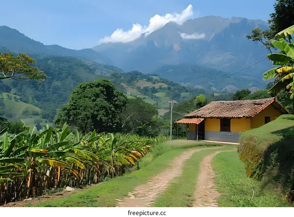 Yellow House with Red Roof in Rural Mountain Landscape