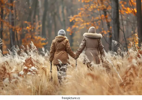 Two Women Walking in the Autumn Forest