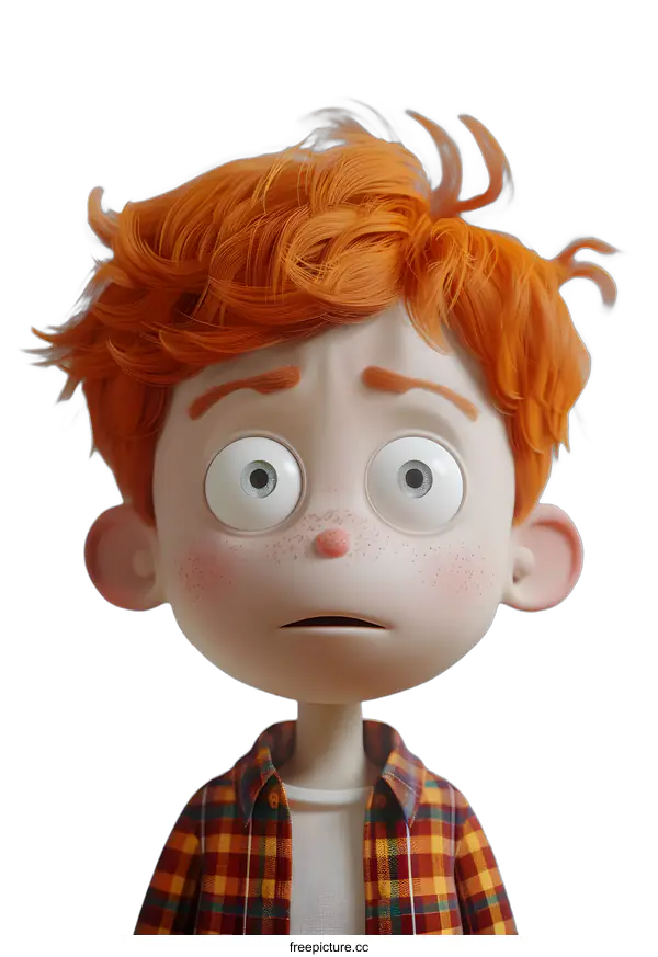 [Transparent Background PNG]3D cartoon character of a boy with red hair and freckles wearing a plaid shirt
