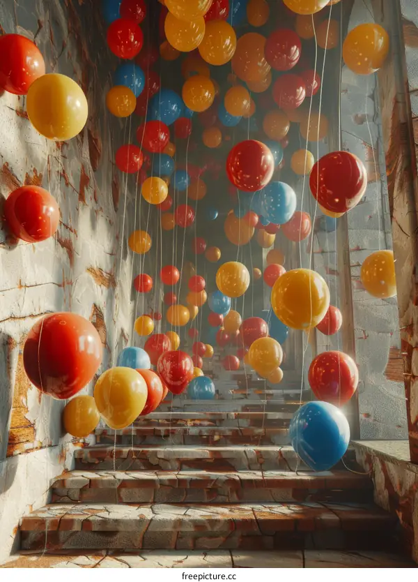 Colorful Balloons Fill a Decaying Stairwell