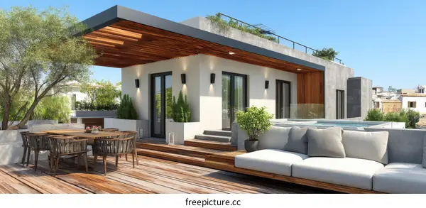Modern Rooftop Terrace with Dining Area and Lounge